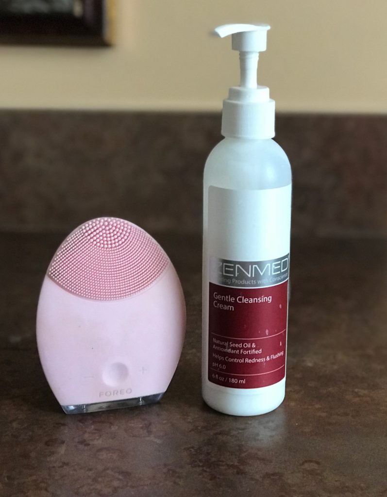 pump bottle of Zenmed Gentle Cleansing Cream with Foreo Luna Electronic Cleansing Device, neversaydiebeauty.com
