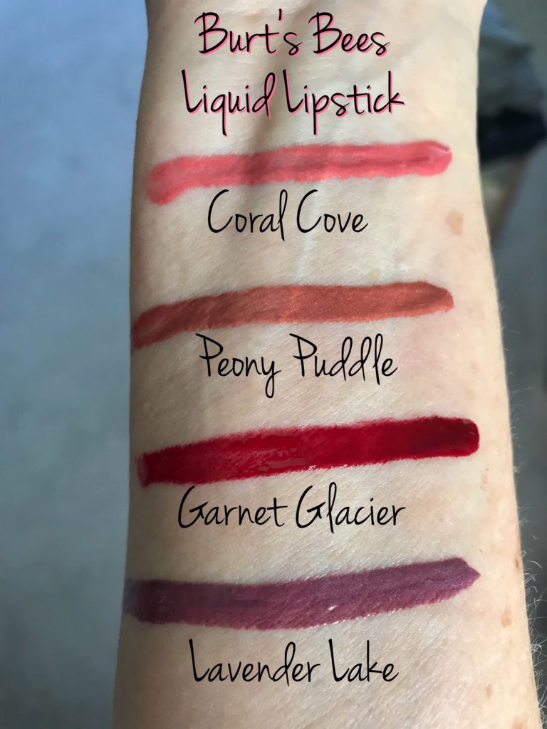 swatches of 4 shades of Burt's Bees Liquid Lipstick, neversaydiebeauty.com