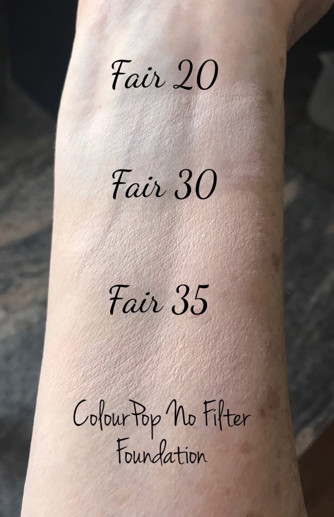 swatches of ColourPop No Filter Foundation shades Fair 20, 30 and 35, neversaydiebeauty.com