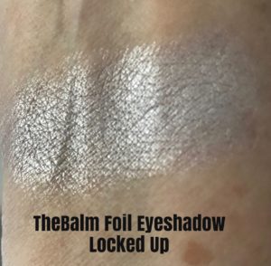 swatch of the white-silver foil eyeshadow, Locked Up, from theBalm, neversaydiebeauty.com