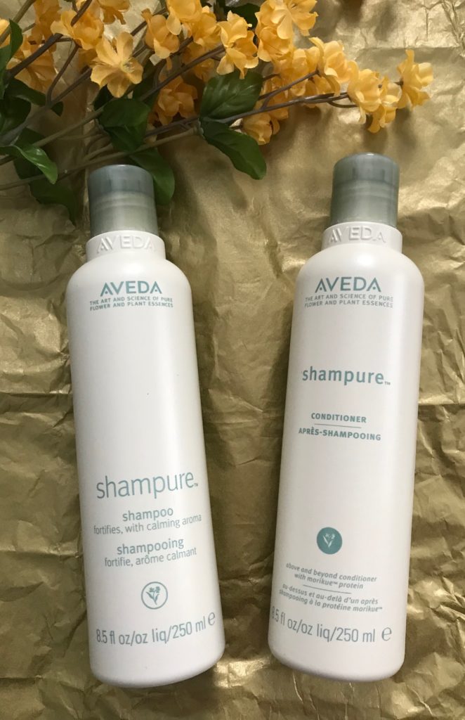 bottles of Aveda Shampure Shampoo and Conditioner, neversaydiebeauty.com