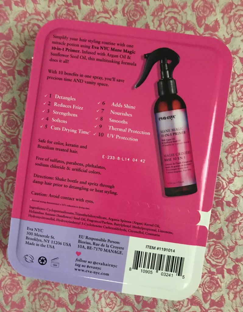 information on the back of the packaging for eva•nyc Mane Magic 10-in-1 Primer in a 2 pack from Costco, neversaydiebeauty.com