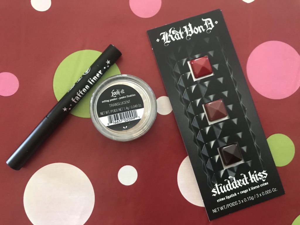 Sephora 2019 Birthday Gift option: Kat von D makeup samples: Tattoo Liner, Setting Powder & Studded Kiss lipstick shades, neversaydiebeauty.com