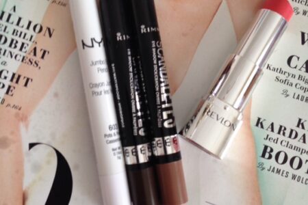 drugstore makeup, NYX Jumbo Shadow Crayon, Rimmel Eyeshadow Sticks, Revlon Ultra HD Lipstick