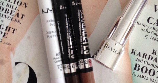 drugstore makeup, NYX Jumbo Shadow Crayon, Rimmel Eyeshadow Sticks, Revlon Ultra HD Lipstick
