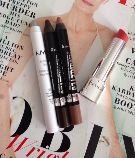 drugstore makeup, NYX Jumbo Shadow Crayon, Rimmel Eyeshadow Sticks, Revlon Ultra HD Lipstick