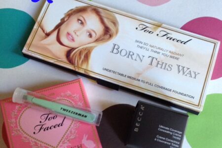 Too Faced Love Flush blush, Becca Ultimate Coverage Concealer, Tweezerman tweezers