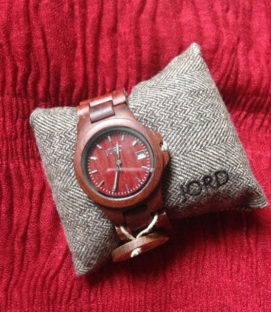 red Jord Wood Watch on presentation pillow neversaydiebeauty.com @redAllison