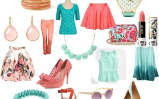 Polyvore set with fashion and accessories in peach and green shades neversaydiebeauty.com @redAllison