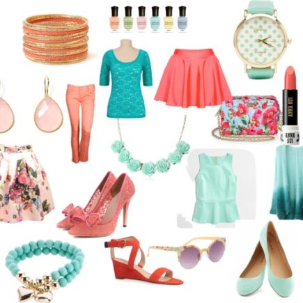 Polyvore set with fashion and accessories in peach and green shades neversaydiebeauty.com @redAllison