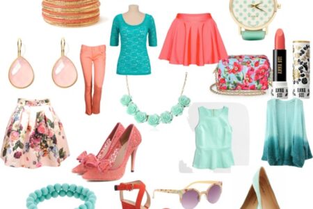 Polyvore set with fashion and accessories in peach and green shades neversaydiebeauty.com @redAllison