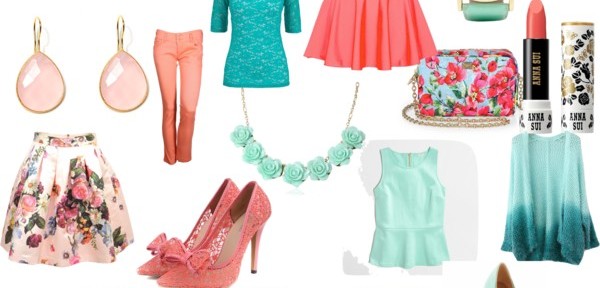 Polyvore set with fashion and accessories in peach and green shades neversaydiebeauty.com @redAllison
