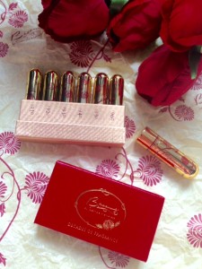 Besame Decades of Fragrance set on Besame wrapping paper neversaydiebeauty.com @redAllison