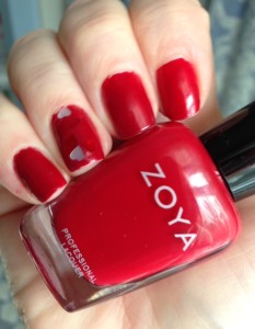 Zoya Nail Lacquer in Janel, a red cream with warm undertones & Color Club Luv02 hearts accent nail neversaydiebeauty.com @redAllison