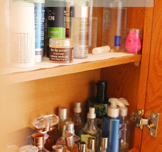 Justina's bathroom storage for beauty products