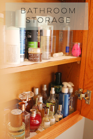 Justina's bathroom storage for beauty products
