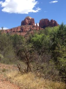 view of Cathedral Rock from trail at Crescent Moon Park Sedona AZ neversaydiebeauty.com