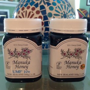 two jars of Manuka Honey from New Zealand, 5+ and UMF10+ neversaydiebeauty.com @redAllison