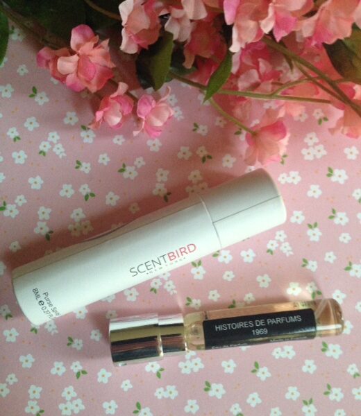 Scentbird cardboard tube and glass purse spray, Histoire de Parfums 1969 neversaydiebeauty.com @redAllison