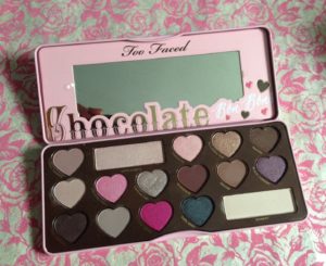 Too Faced Chocolate Bon Bons Shadow Palette, open to reveal the pans neversaydiebeauty.com