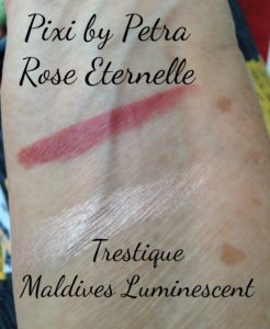 swatches of Pixi by Petra Rose Eternelle Lipstick & TreStique Maldives Luminescent stick neversaydiebeauty.com