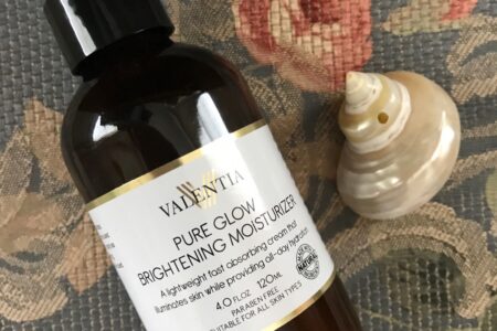 Valentia Pure Glow Brightening Moisturizer amber pump bottle, neversaydiebeauty.com