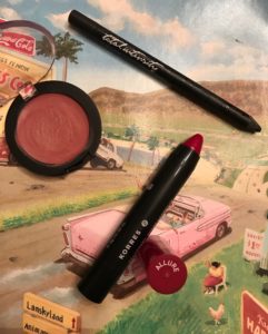 3 current favorite makeup products: Korres lip crayon, Prestige Total Intensity Eyeliner Pencil, All Natural Face Cheek Blush in Dusky Rose, neversaydiebeauty.com