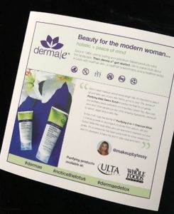 derma e Purifying skincare products info card neversaydiebeauty.com