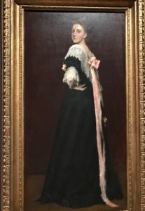 Woman with Black Dress and Pink Bow, painting by William Merritt Chase at MFA exhibit