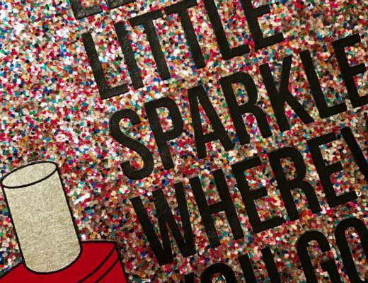 closeup of the multicolored glitter and witty saying on Breakups to Makeup large makeup bag, Sephora neversaydiebeauty.com