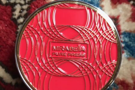 Mirabella Beauty Pure Press Foundation mini compact, red & gold top, neversaydiebeauty.com