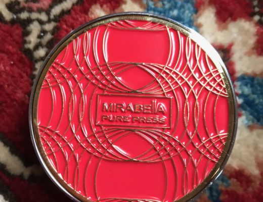 Mirabella Beauty Pure Press Foundation mini compact, red & gold top, neversaydiebeauty.com