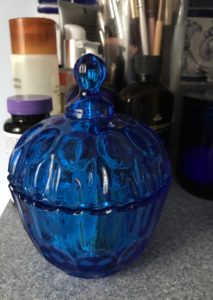 blue cut glass jar, neversaydiebeauty.com
