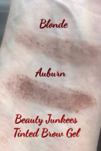 swatch of Blonde & Auburn, Beauty Junkees Tinted Brow Gel, neversaydiebeauty.com