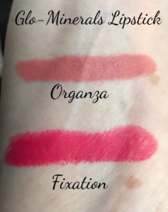 GloMinerals Pretty Persuasion Lipstick swatches of Organza and Fixation shade, neversaydiebeauty.com