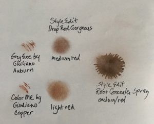 swatches of red root concealers, neversaydiebeauty.com