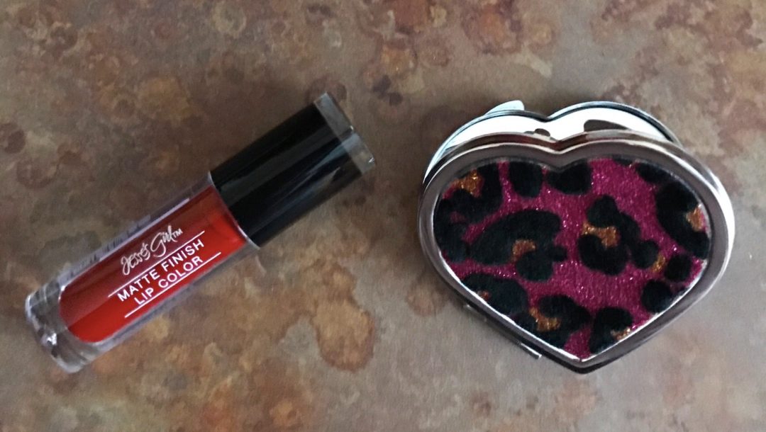 Jesse's Girl Matte Finish Lip Color, Sultry, and heart-shaped leopard print mirror, neversaydiebeauty.com