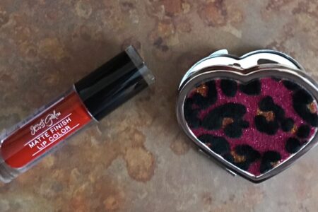 Jesse's Girl Matte Finish Lip Color, Sultry, and heart-shaped leopard print mirror, neversaydiebeauty.com