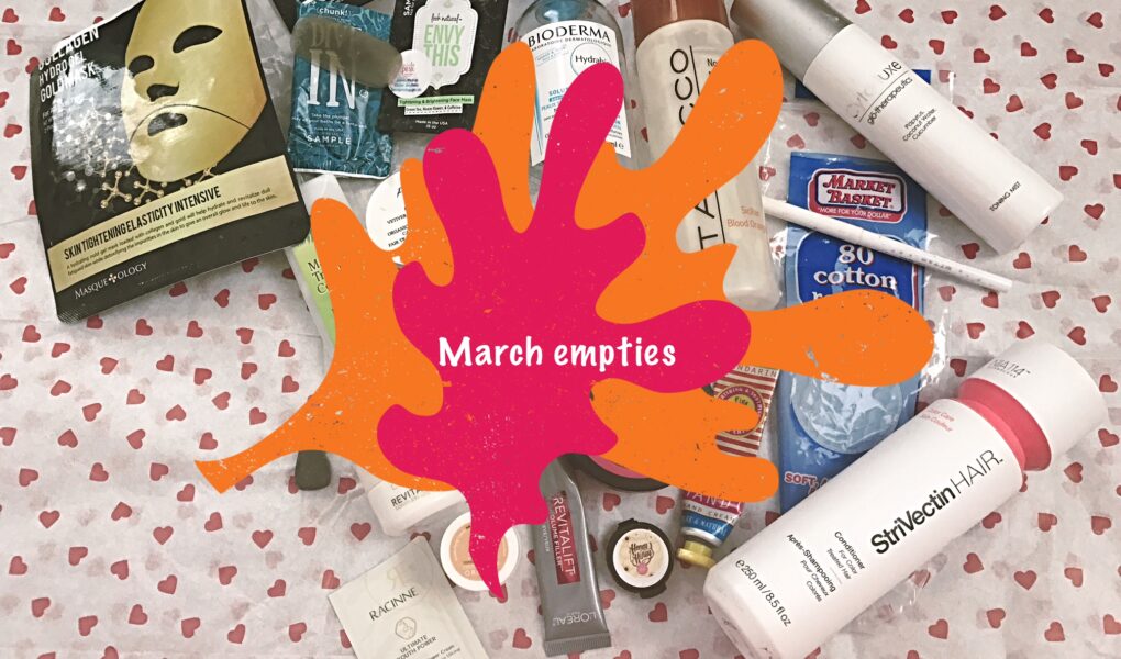 March 2017 beauty empties with title on the photo, neversaydiebeauty.com