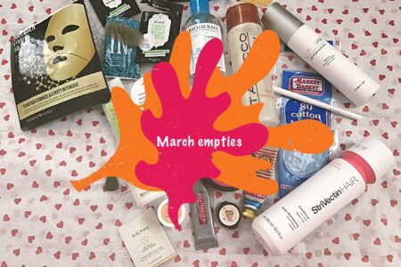 March 2017 beauty empties with title on the photo, neversaydiebeauty.com