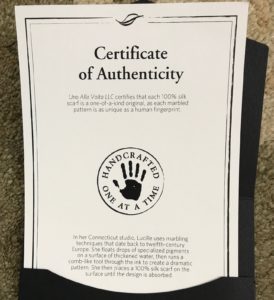 certificate of authenticity from Uno Alla Volta for water marble scarf, neversaydiebeauty.com