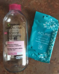 makeup removers: Garnier SkinActive Micellar Water and ACURE Cleansing Towelettes, neversaydiebeauty.com