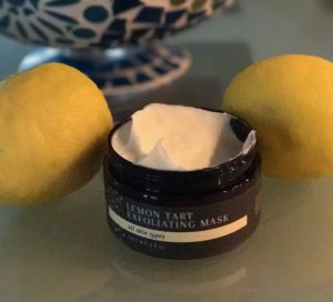 Laurme Lemon Tart Exfoliating Mask, open jar with two lemons, neversaydiebeauty.com