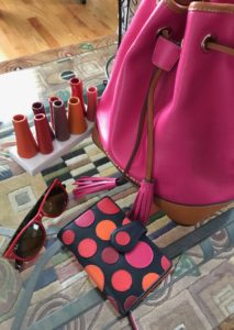 my summer accessories: Visconti polka dot Pluto wallet, Dooney & Burke hot pink drawstring bag, red & tortoise Ray Ban sunglasses, neversaydiebeauty.com