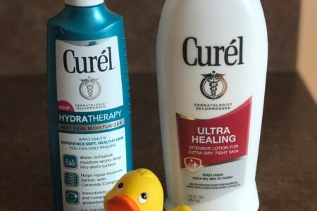 Curel Hydratherapy Wet Moisturizer applied to wet skin & Curel Ultra Healing lotion applied to dry skin, neversaydiebeauty.com