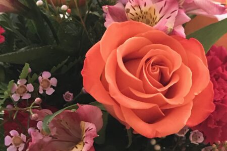 Sendflowers.com Fancy Orange Rose Flower Bouquet closeup, neversaydiebeauty.com