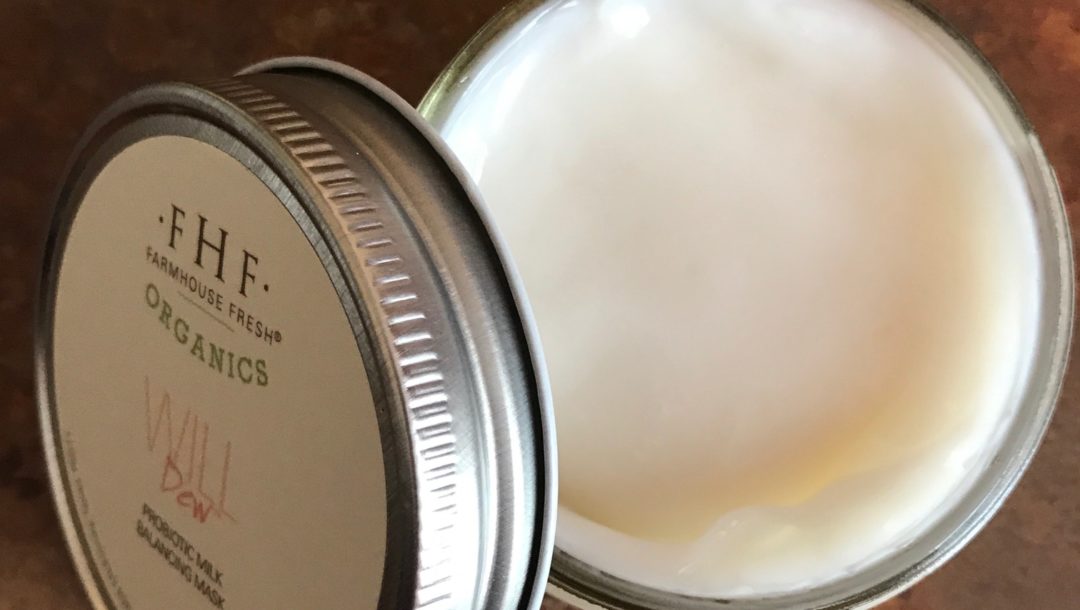 open jar of Farmhouse Fresh Will Dew Probiotic Milk Balancing Mask show the milky looking mask, neversaydiebeauty.com