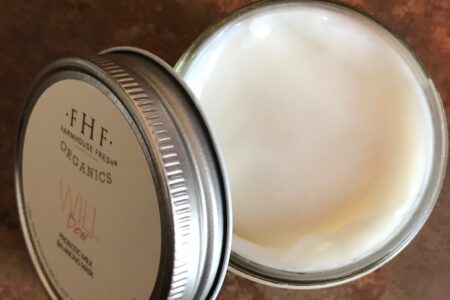 open jar of Farmhouse Fresh Will Dew Probiotic Milk Balancing Mask show the milky looking mask, neversaydiebeauty.com