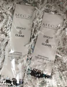 MEG21 Bright & Clear Brightening Cleanser & Exfoliating Scrub in their boxes, neversaydiebeauty.com