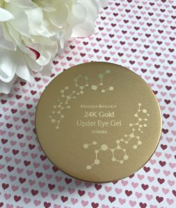 Masqueology 24K Gold Under Eye Gel pads in their gold container, neversaydiebeauty.com